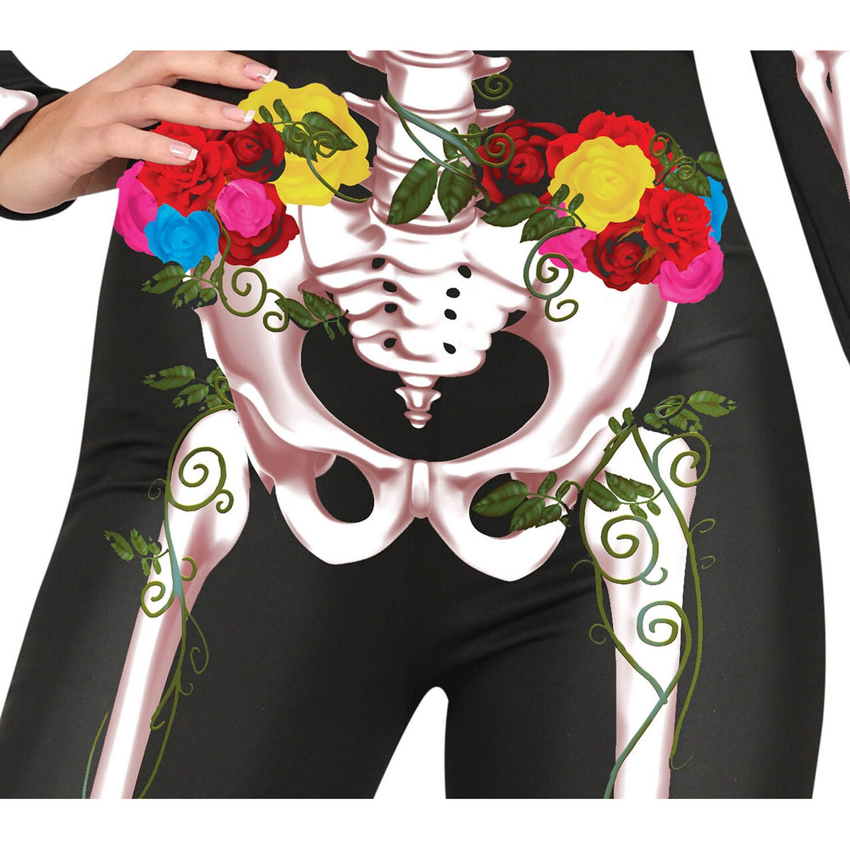 Op deze afbeelding zie je een Kostuums, van het merk Guirca. Kleurrijke Bloemen Skelet Vrouw Kostuum
