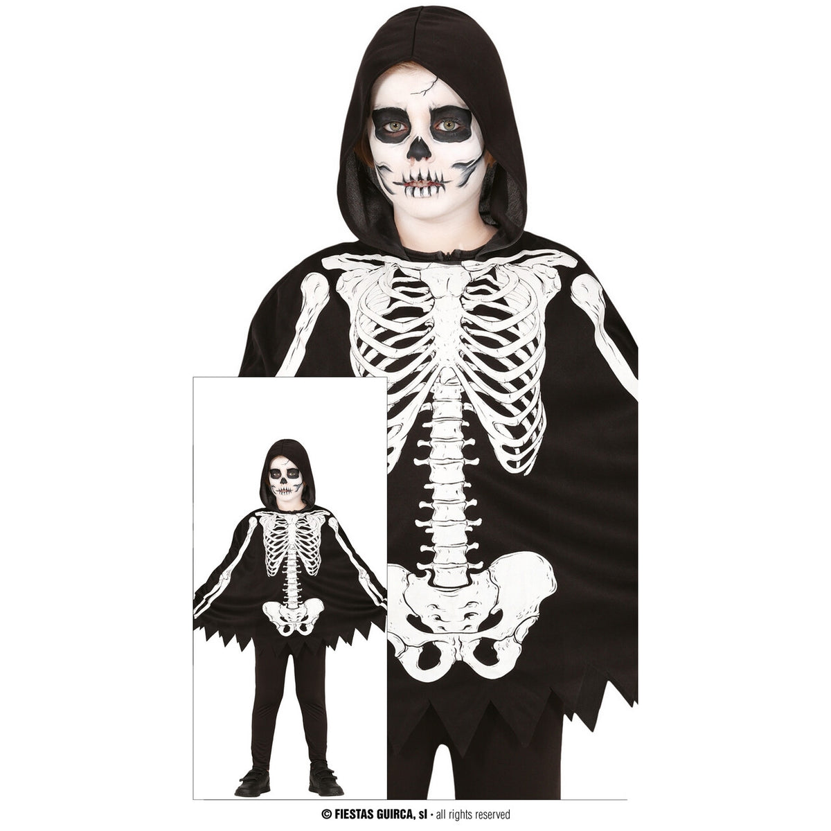 Op deze afbeelding zie je een Kostuums, van het merk Guirca. Creepy Skelet Poncho Kind Kostuum
