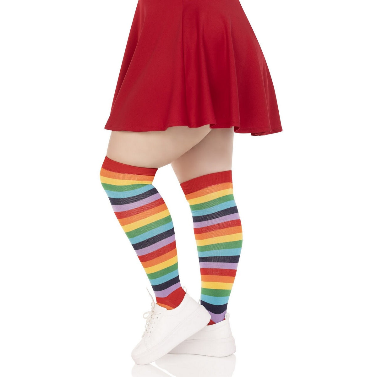 Op deze afbeelding zie je een Accessoires, van het merk Leg Avenue. Fun Stay Ups Kousen Rainbow Stripes Plus Size