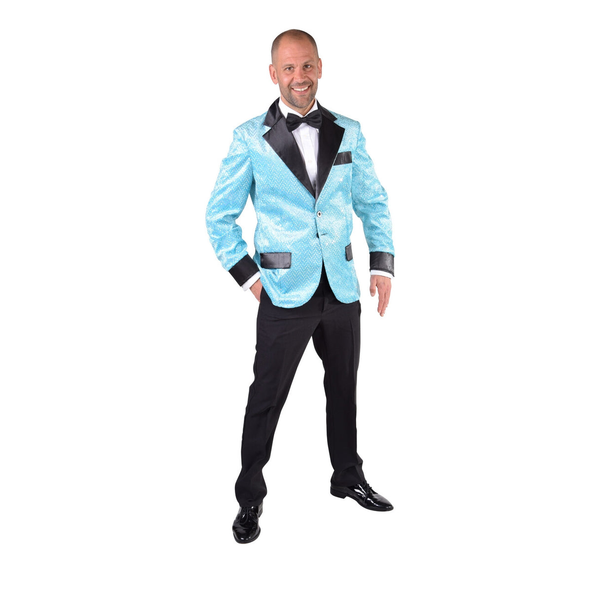 Op deze afbeelding zie je een Kostuums, van het merk Magic By Freddy's. Glitter Colbert Casino Royal Lichtblauw Man
