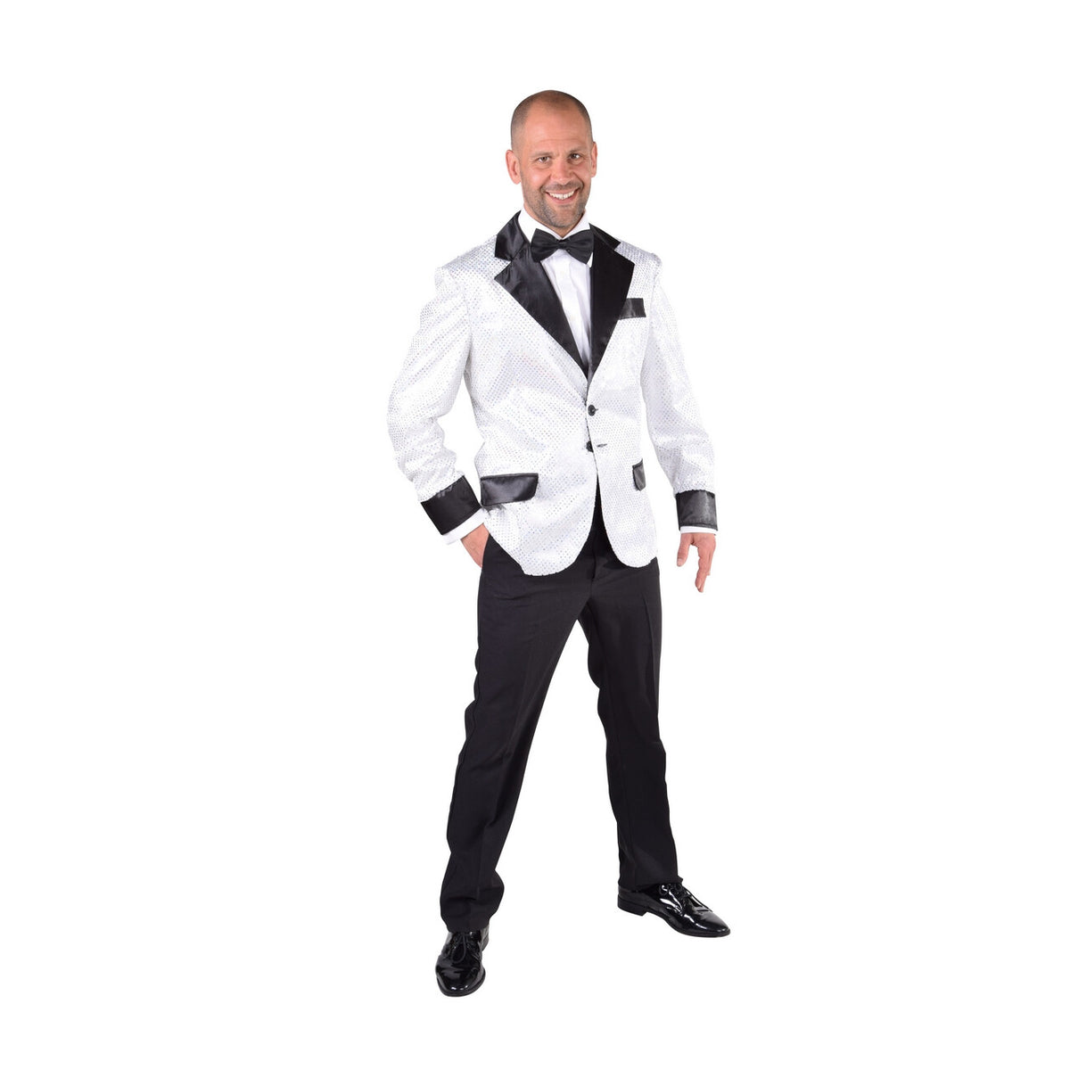 Op deze afbeelding zie je een Kostuums, van het merk Magic By Freddy's. Glitter Colbert Casino Royal Wit Man