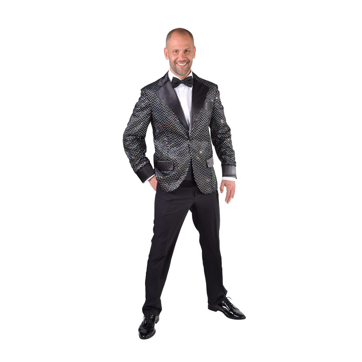 Op deze afbeelding zie je een Kostuums, van het merk Magic By Freddy's. Glitter Colbert Casino Royal Zwart Man