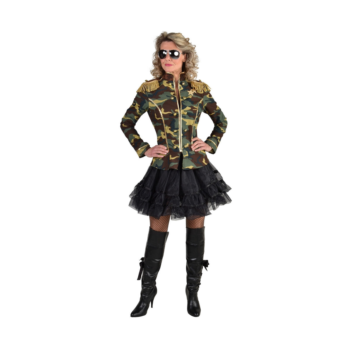 Op deze afbeelding zie je een Kostuums, van het merk Magic By Freddy's. Camouflage Jas Gouden Epauletten Generaal Vrouw