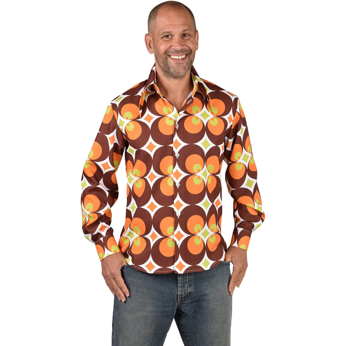 Op deze afbeelding zie je een Kostuums, van het merk Magic By Freddy's. Jaren 60 Oranje Bloemen Blouse Man