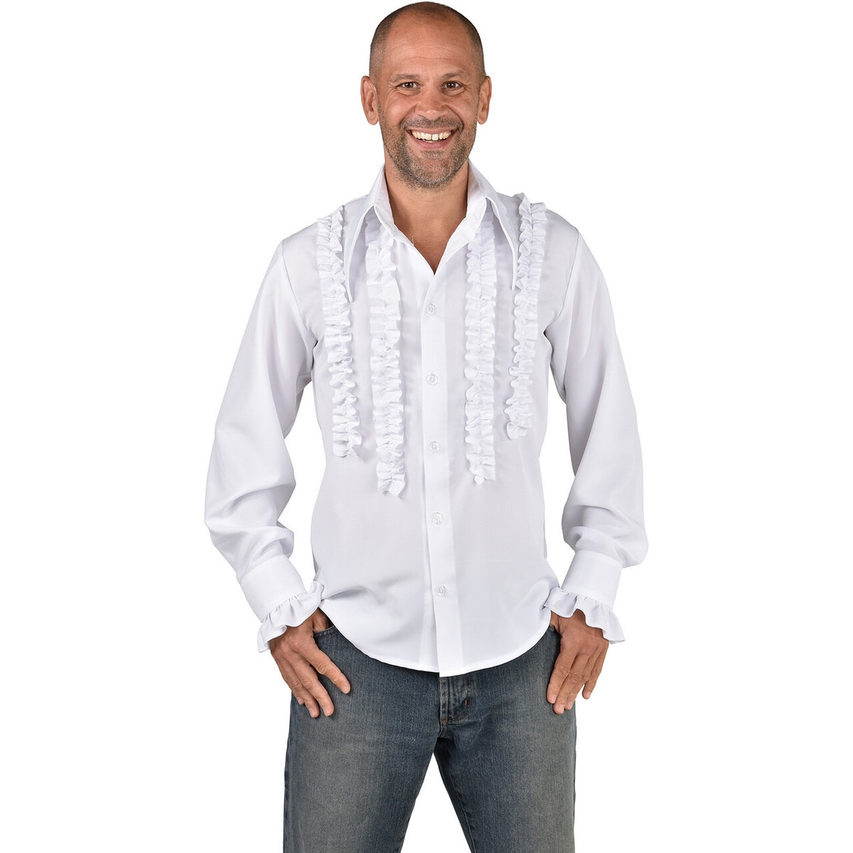 Op deze afbeelding zie je een Kostuums, van het merk Magic By Freddy's. Rouches Overhemd Wit Disco Piraat Man