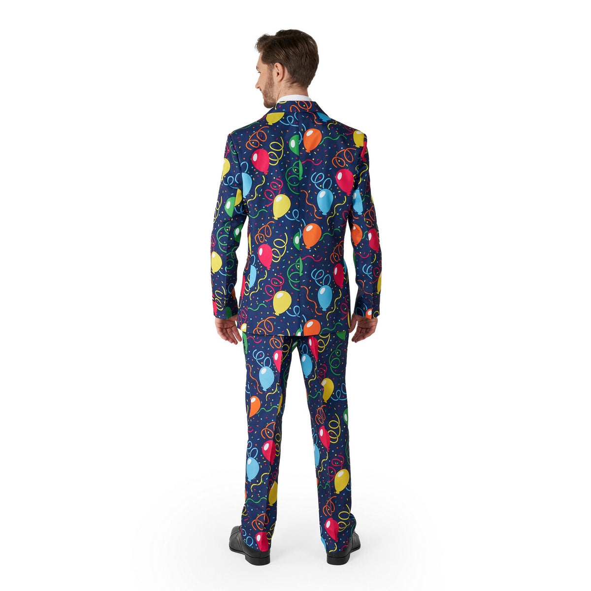 Op deze afbeelding zie je een Kostuums, van het merk Suitmeister. Confetti Balloons Navy Party Hard Man Kostuum