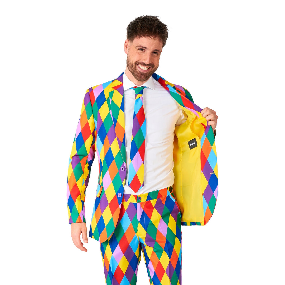 Op deze afbeelding zie je een Kostuums, van het merk Suitmeister. Happy Harley Clown Man Kostuum