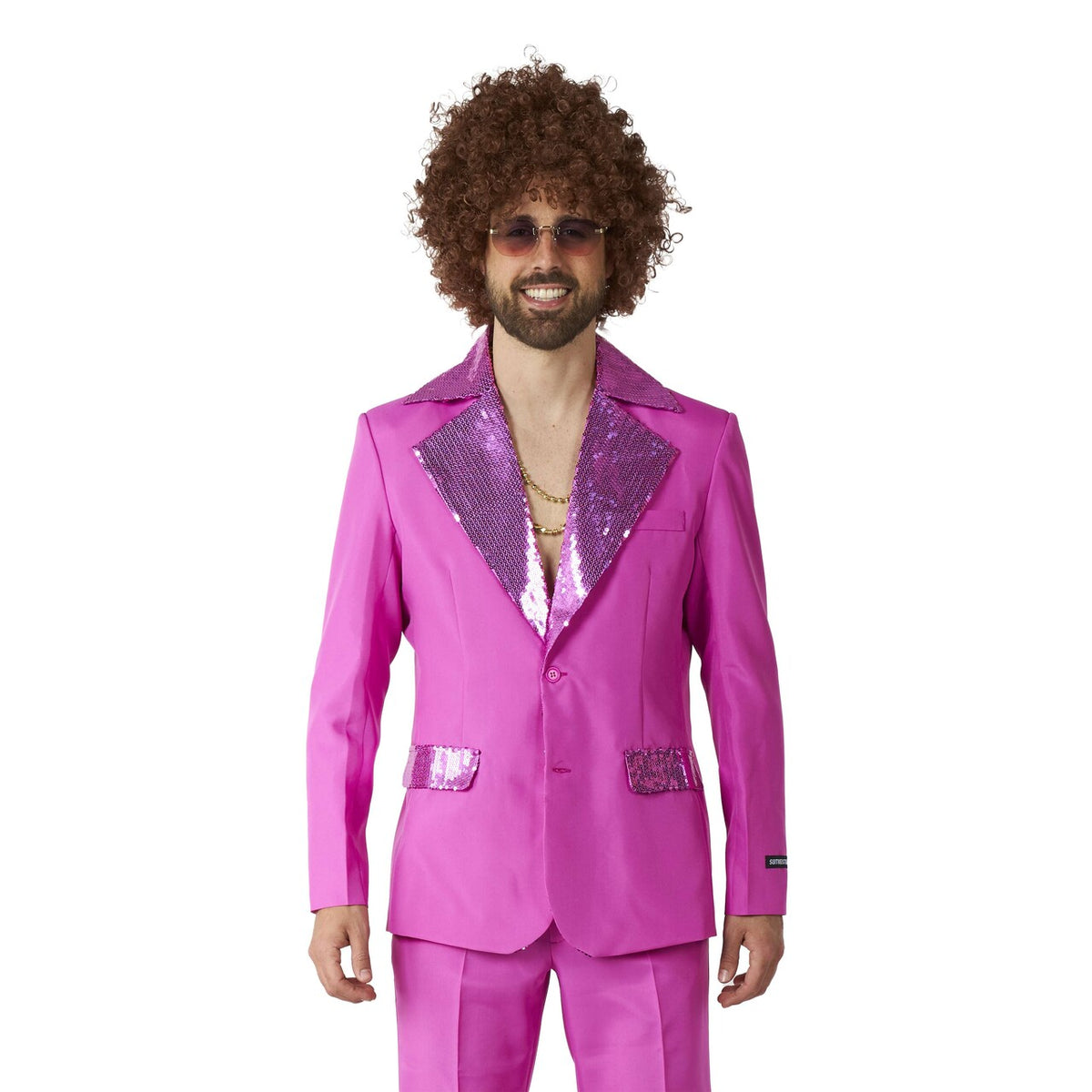 Op deze afbeelding zie je een Kostuums, van het merk Suitmeister. Disco Suit Pink Man Kostuum