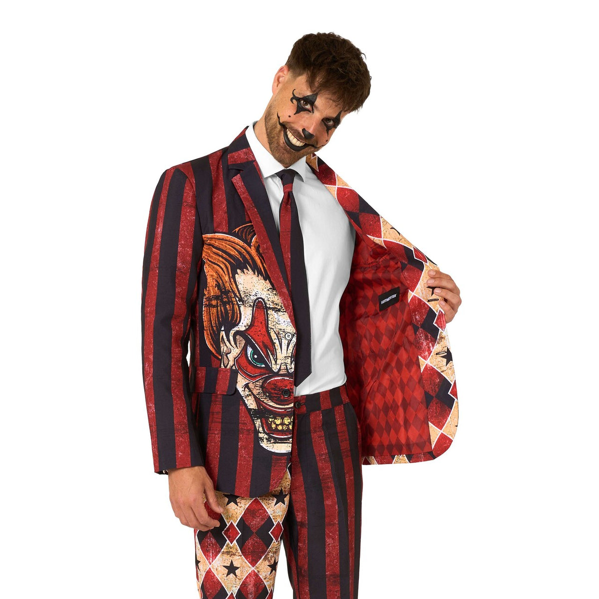 Op deze afbeelding zie je een Kostuums, van het merk Opposuits. Scary Clown Red Man Kostuum