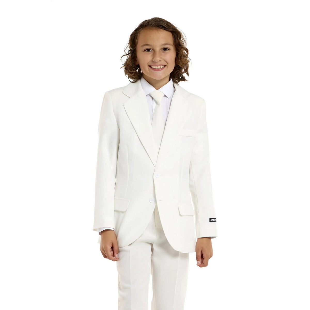 Op deze afbeelding zie je een Kostuums, van het merk Opposuits. Solid White Party Jongen Kostuum