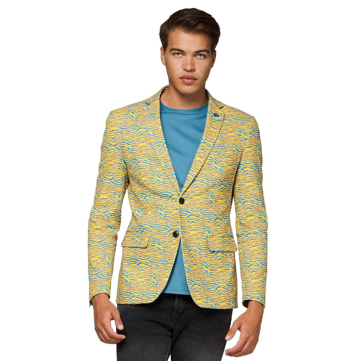 Op deze afbeelding zie je een Kostuums, van het merk Opposuits. Yellow Striped 80s Animal Jas Man
