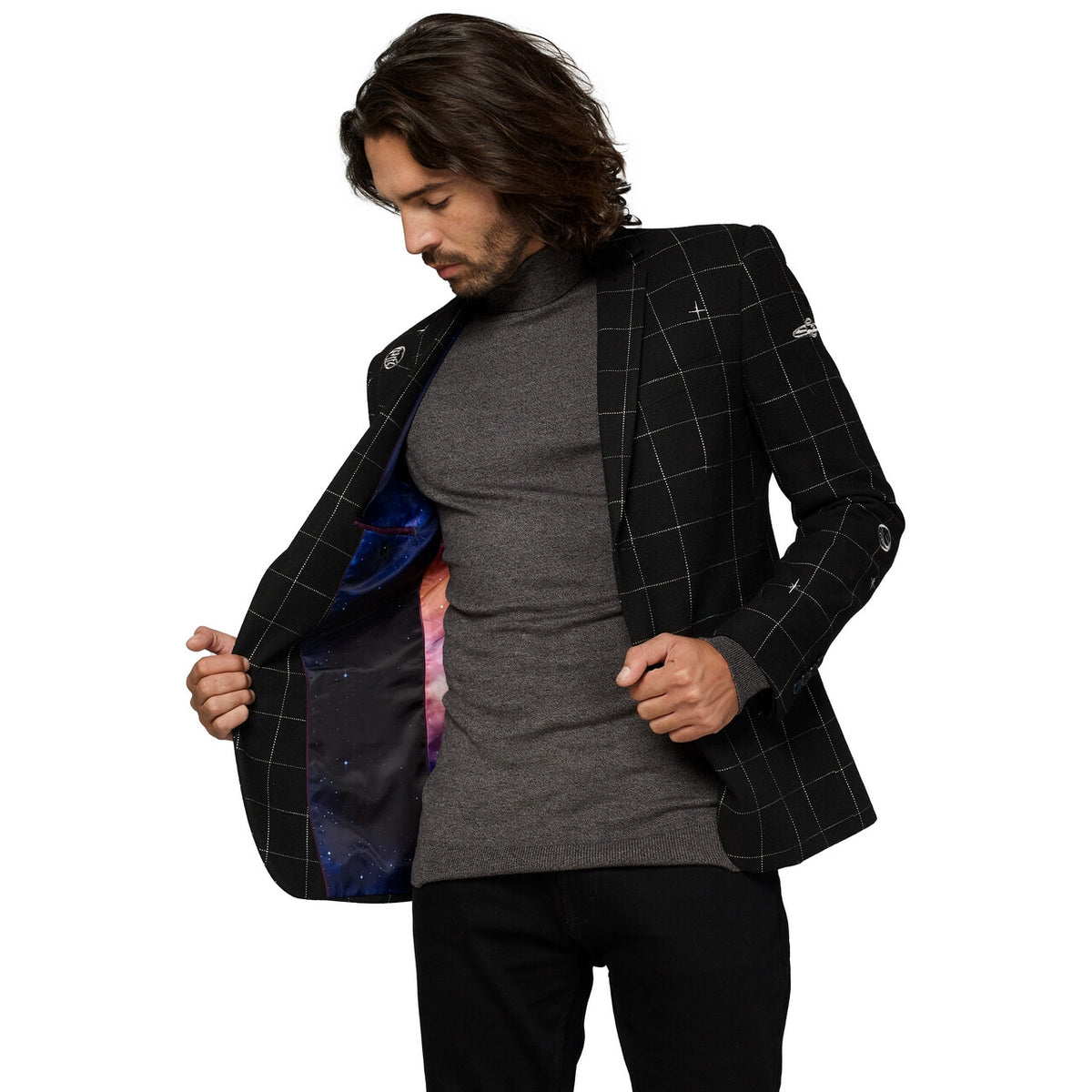 Op deze afbeelding zie je een Kostuums, van het merk Opposuits. Galaxy Map Zwart Jas Man