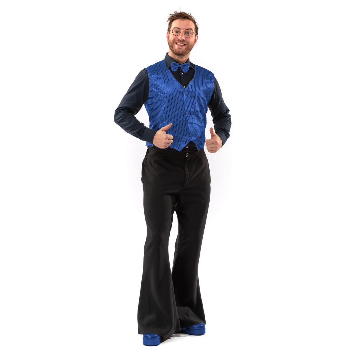 Op deze afbeelding zie je een Kostuums, van het merk Original Replicas. Paillettenvest Met Strik Blue Monday Man