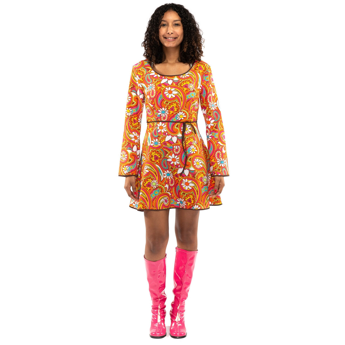 Op deze afbeelding zie je een Kostuums, van het merk Original Replicas. Oranje Kort Jaren 70 Hippie Soul Disco 60s Bloemen Pretty Paisley Vrouw Kostuum