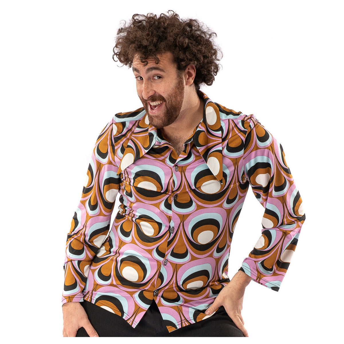 Op deze afbeelding zie je een Kostuums, van het merk Original Replicas. Jaren 70 Hippie Soul Disco 60s Psychedelische Ogen Shirt Man