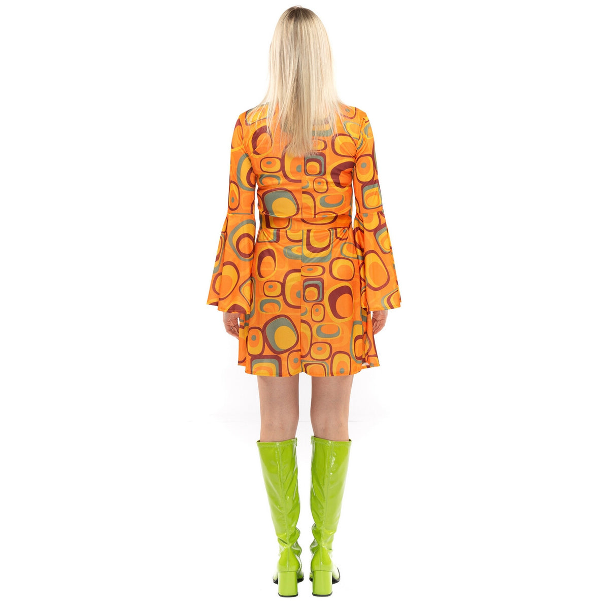 Op deze afbeelding zie je een Kostuums, van het merk Original Replicas. Jaren 70 Hippie Soul Disco 60s Agent Orange Jurk Vrouw