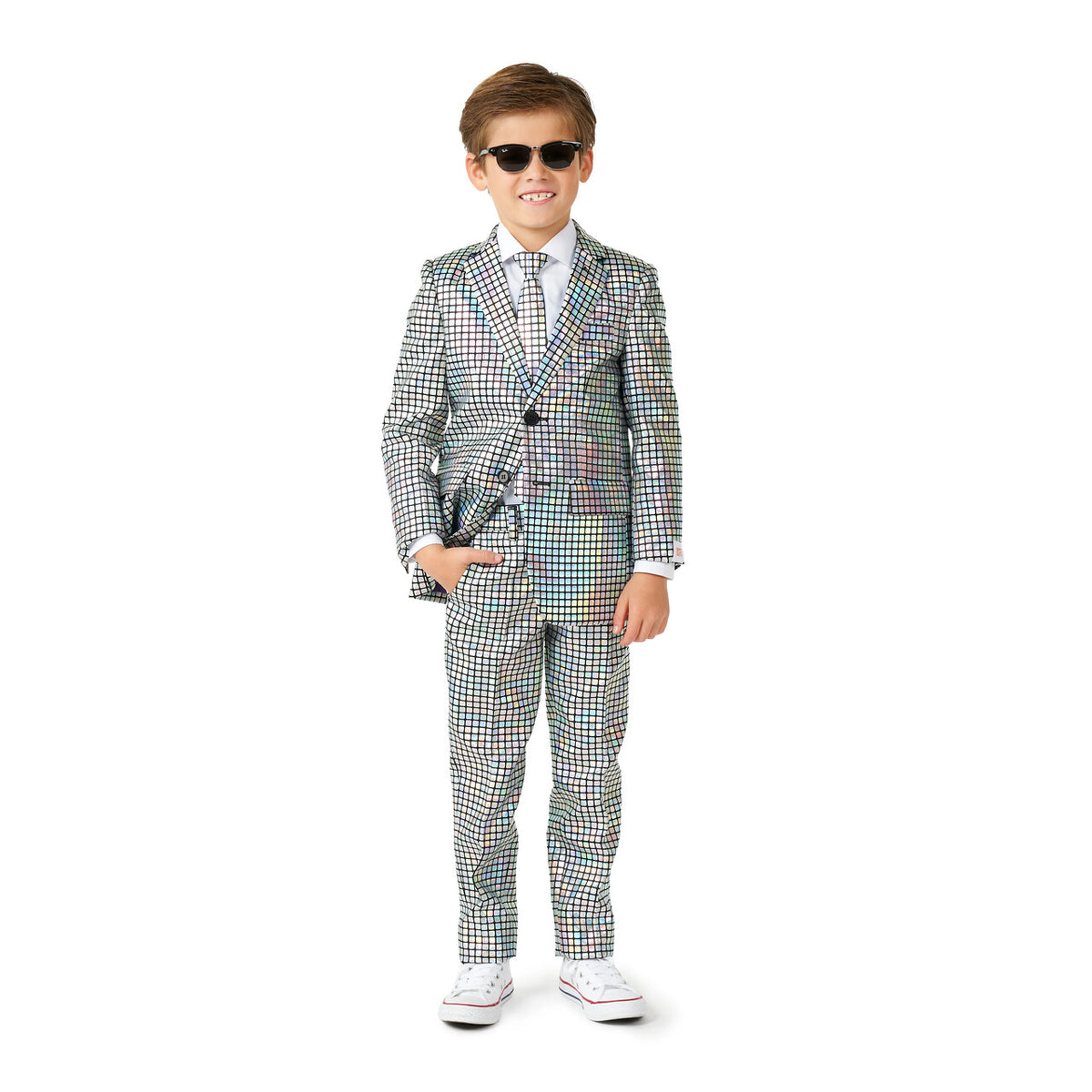 Op deze afbeelding zie je een Kostuums, van het merk Opposuits. Boys Psychedelische Discochecker Jongen Kostuum