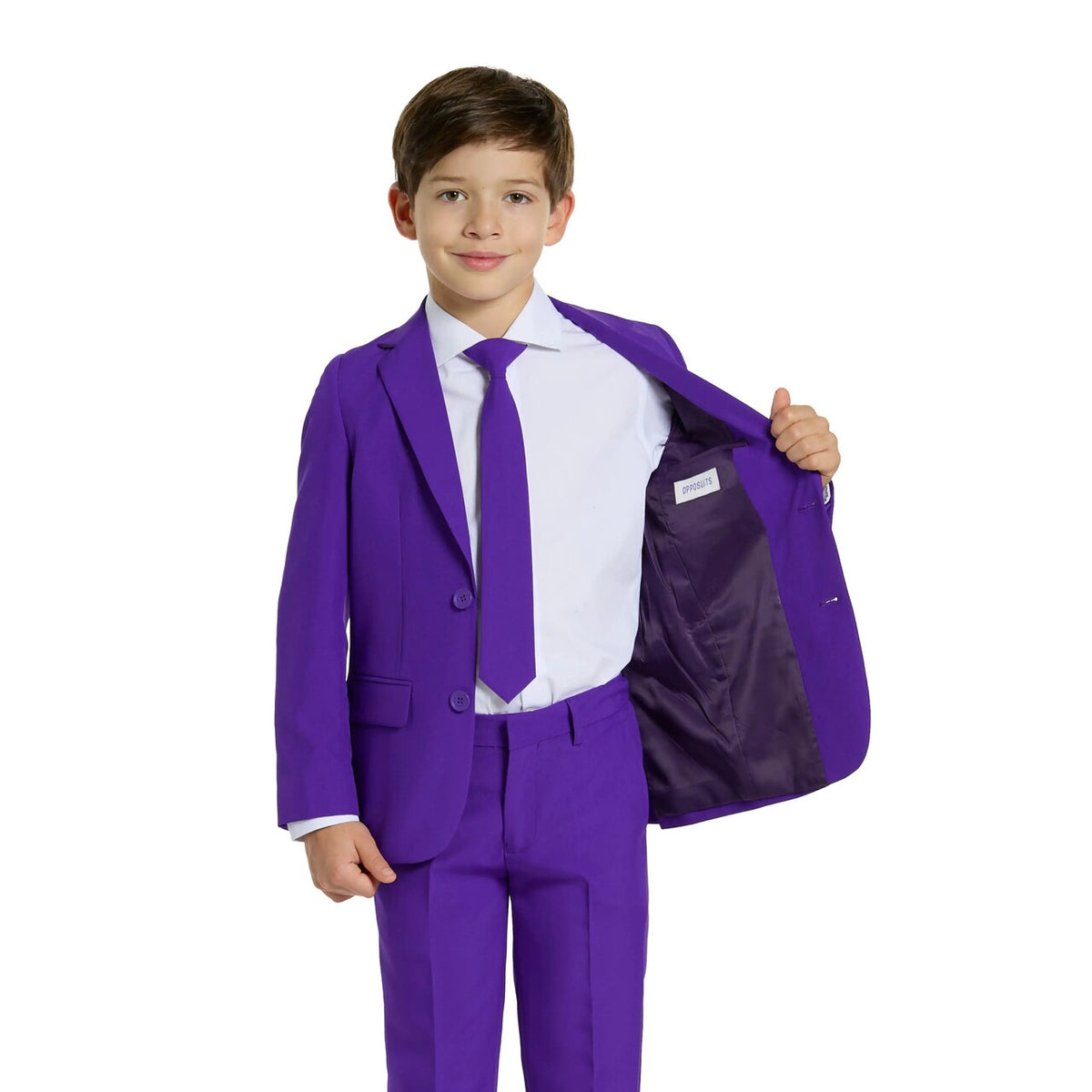 Op deze afbeelding zie je een Kostuums, van het merk Opposuits. Purple Joker Prince Jongen Kostuum