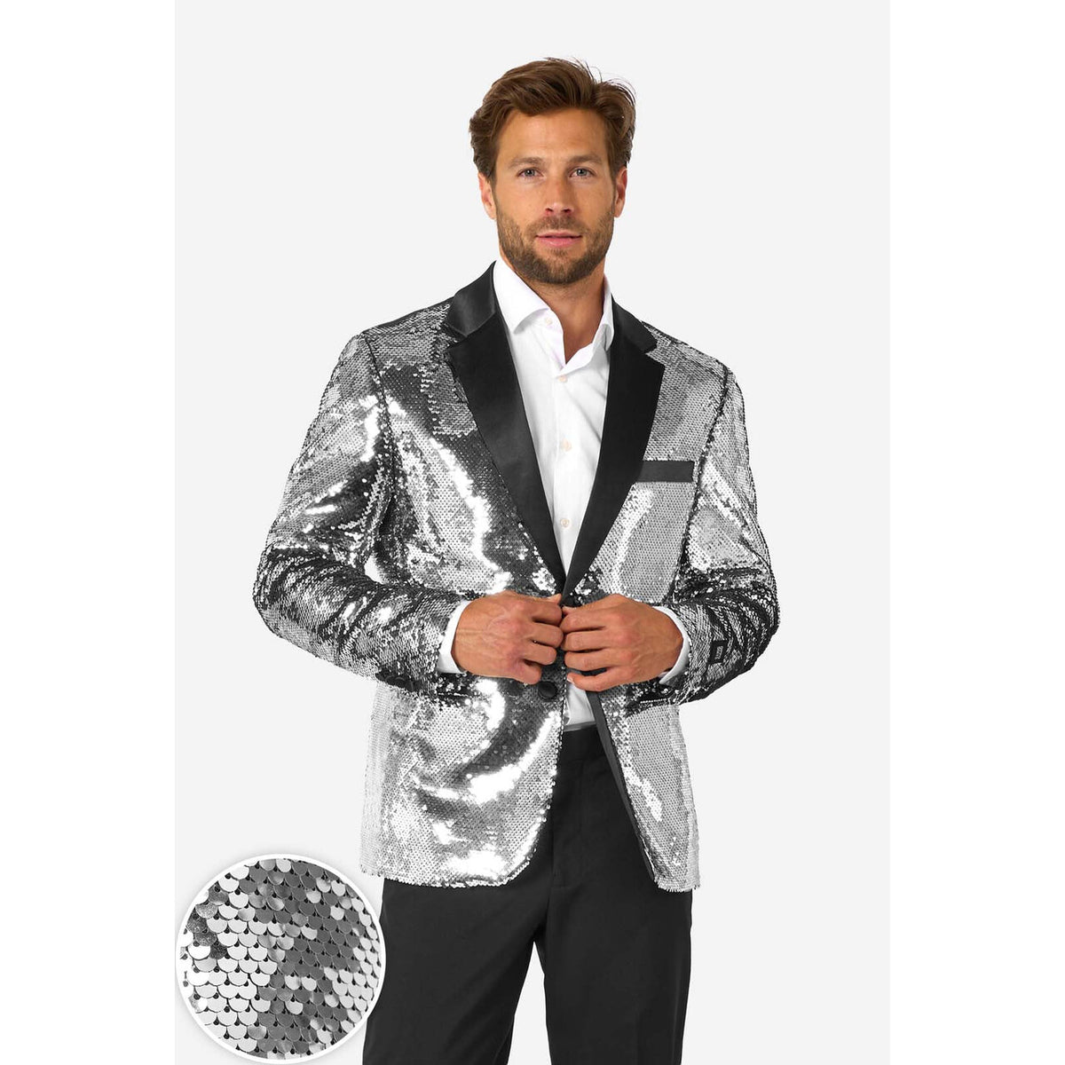 Op deze afbeelding zie je een Kostuums, van het merk Opposuits. Shiny Silver Sequins Man