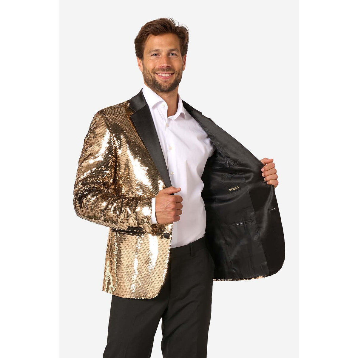 Op deze afbeelding zie je een Kostuums, van het merk Opposuits. Groovy Gold Sequins Man