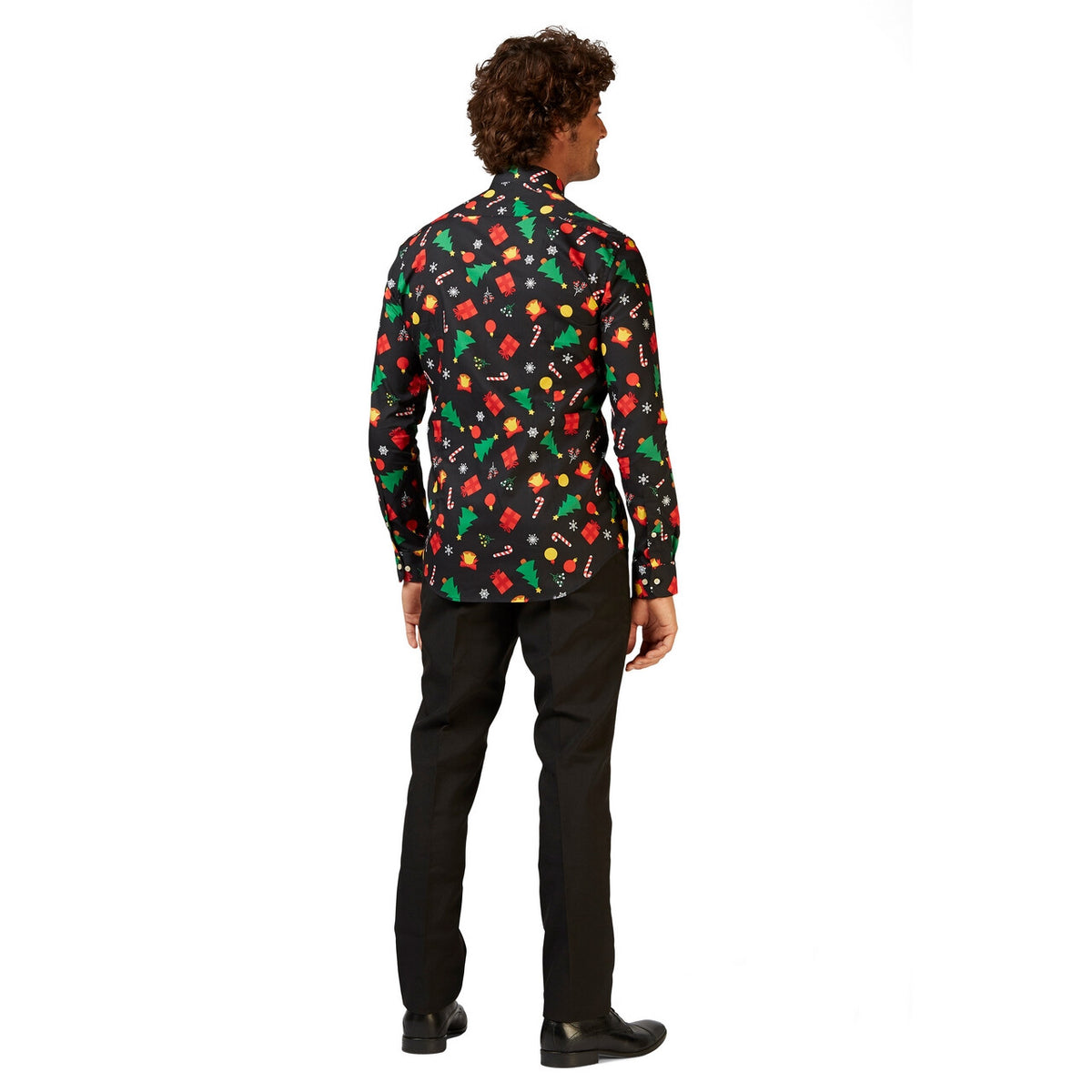 Op deze afbeelding zie je een Kostuums, van het merk Opposuits. Zwarte Christmas Icons Tree Gifts Blouse Man