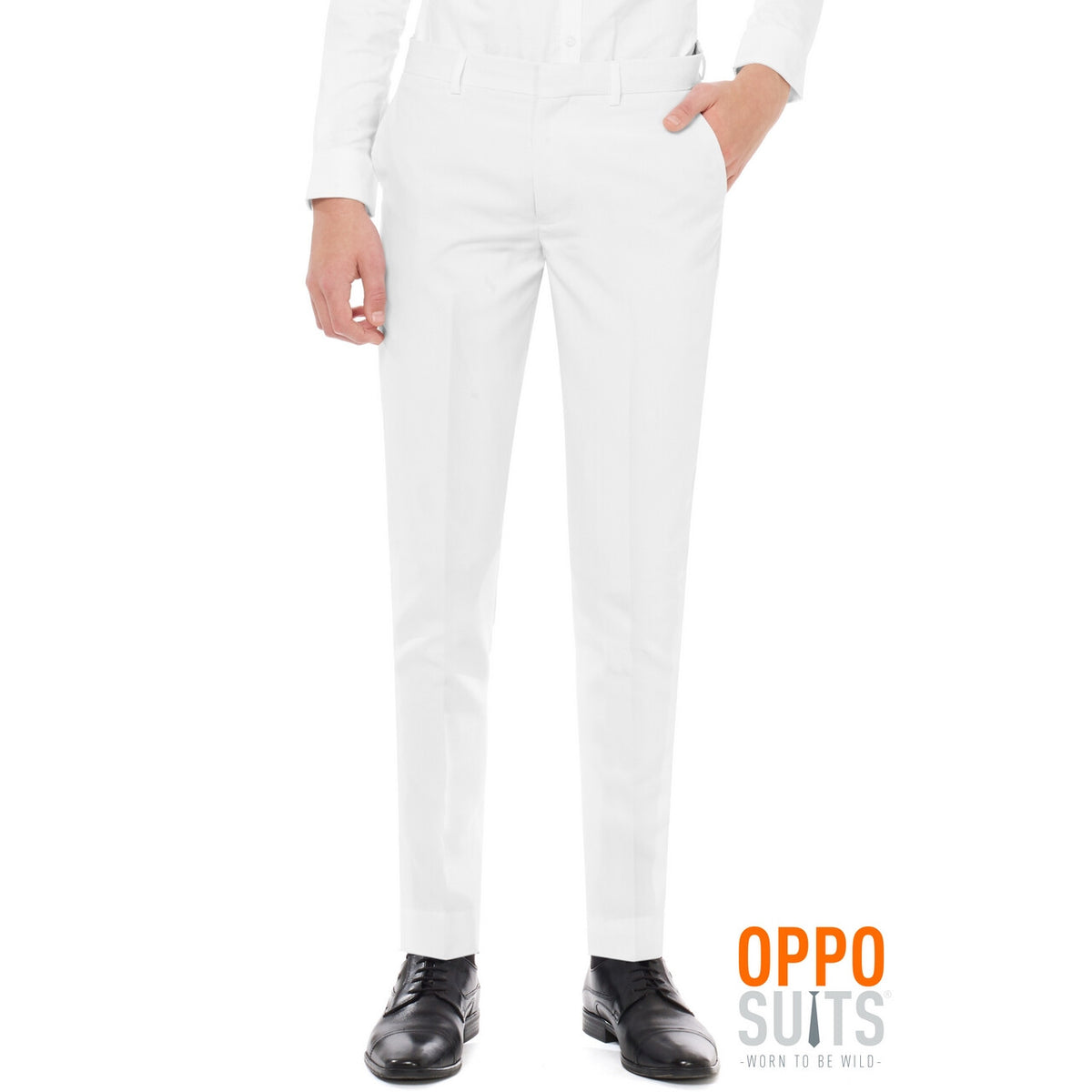 Op deze afbeelding zie je een Kostuums, van het merk Opposuits. Helemaal Wit Solid White Tiener Jongen Kostuum