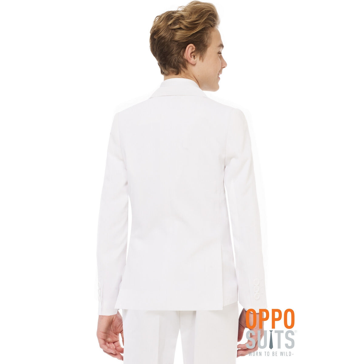 Op deze afbeelding zie je een Kostuums, van het merk Opposuits. Helemaal Wit Solid White Tiener Jongen Kostuum