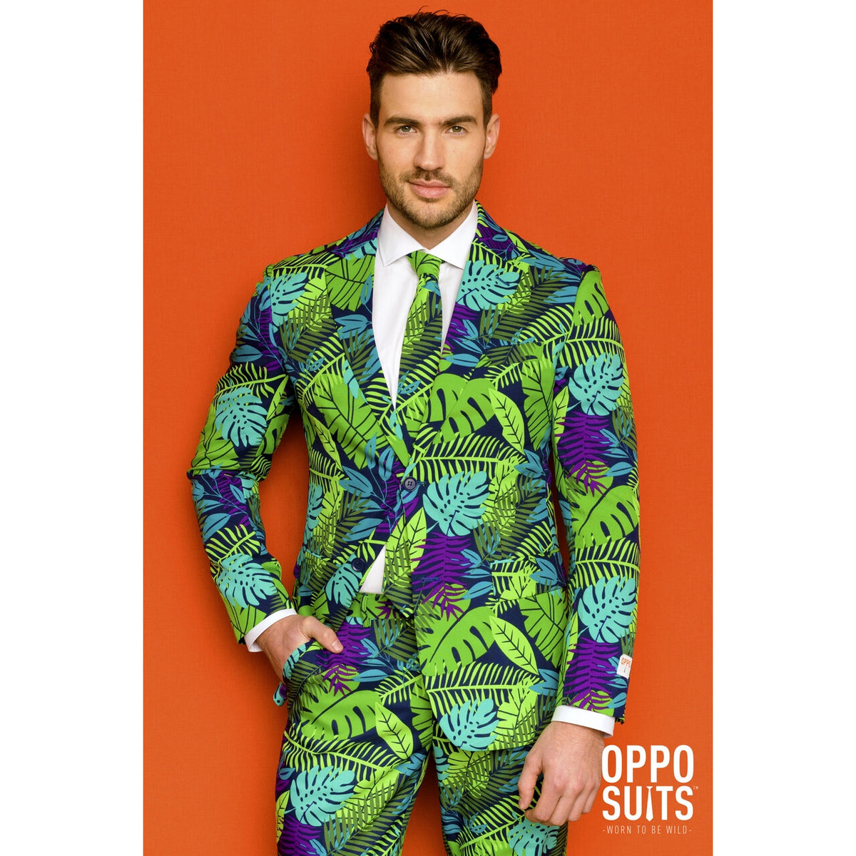 Op deze afbeelding zie je een Kostuums, van het merk Opposuits. Juicy Jungle Tropische Varens Man Kostuum