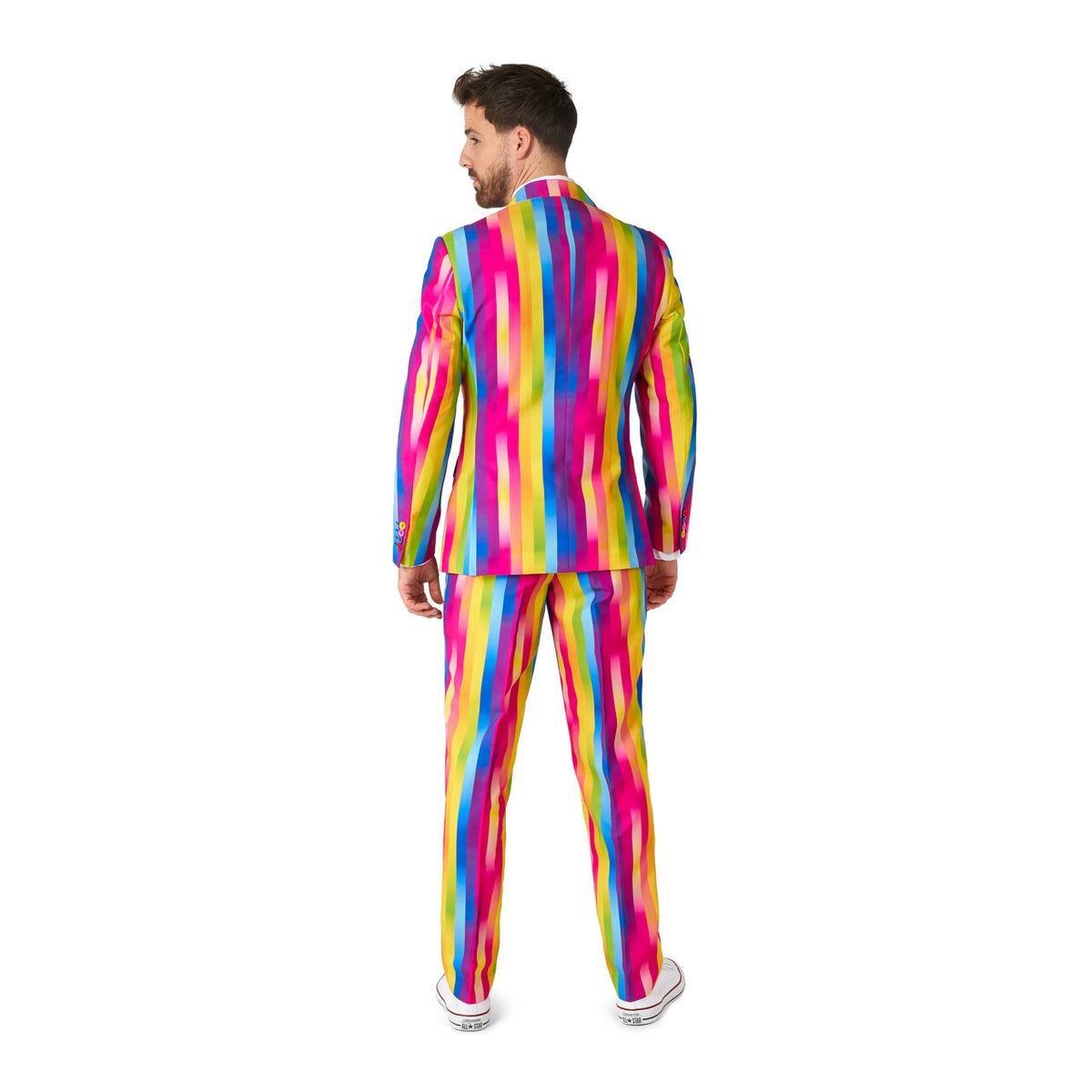 Op deze afbeelding zie je een Kostuums, van het merk Opposuits. Rainbow Candy Cane Man Kostuum