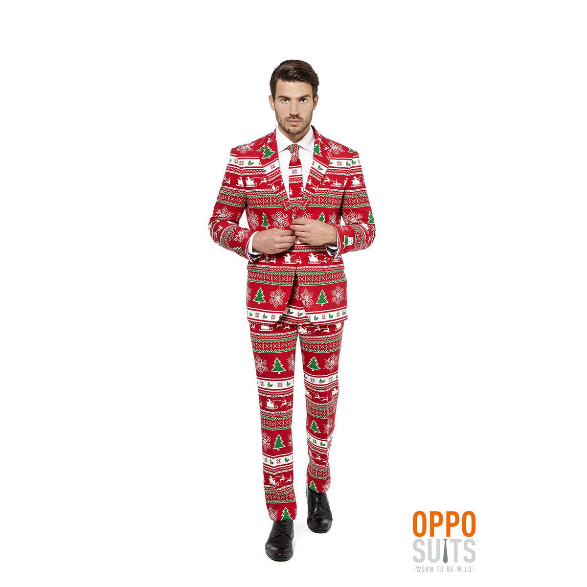 Op deze afbeelding zie je een Kostuums, van het merk Opposuits. Lekker Foute Rood Winter Wonderland Kerst Opposuit Man Kostuum