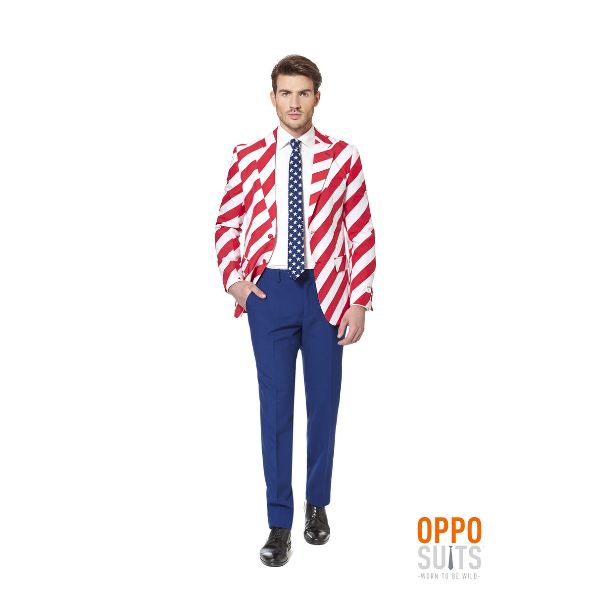 Op deze afbeelding zie je een Kostuums, van het merk Opposuits. USA United Stripes Opposuit Man Kostuum