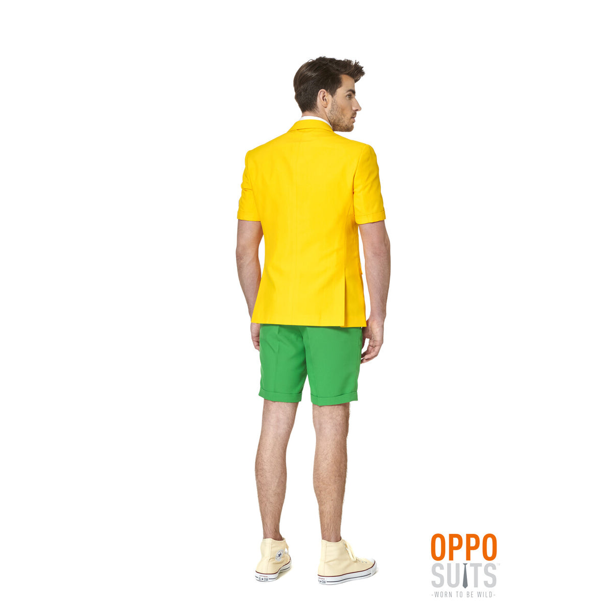 Op deze afbeelding zie je een Kostuums, van het merk Opposuits. Summer Festival Flashy Green And Gold Opposuit Man Kostuum