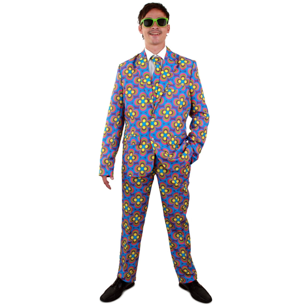 Op deze afbeelding zie je een Kostuums, van het merk PartyXplosion. Honderd Vrolijke Bloemen Flower Power Man Kostuum