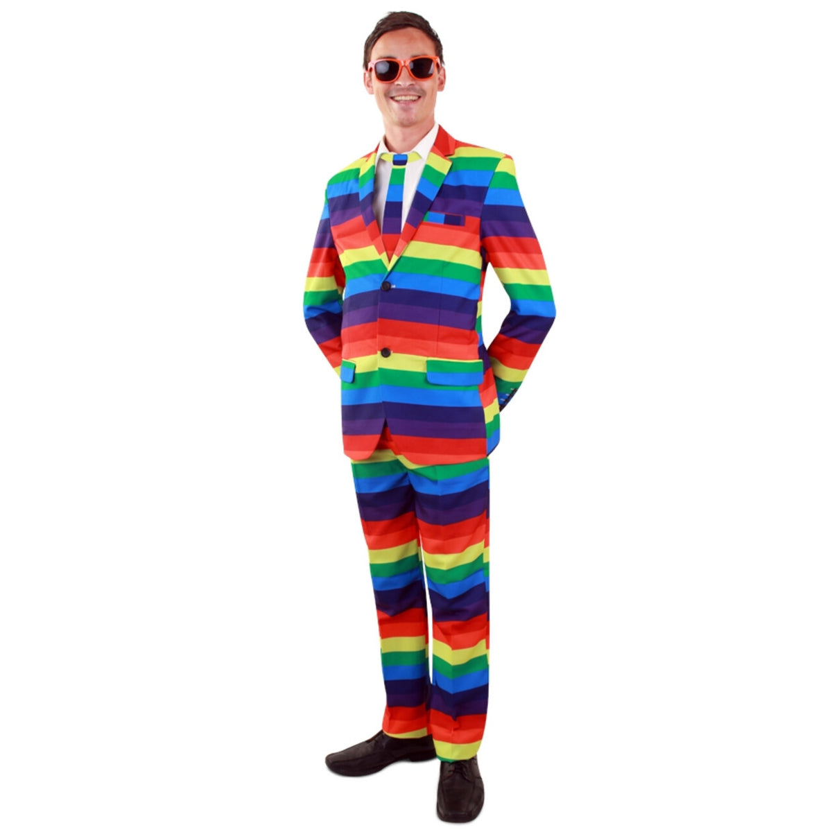 Op deze afbeelding zie je een Kostuums, van het merk PartyXplosion. Vrolijk Robbie Regenboog Multicolor Man Kostuum