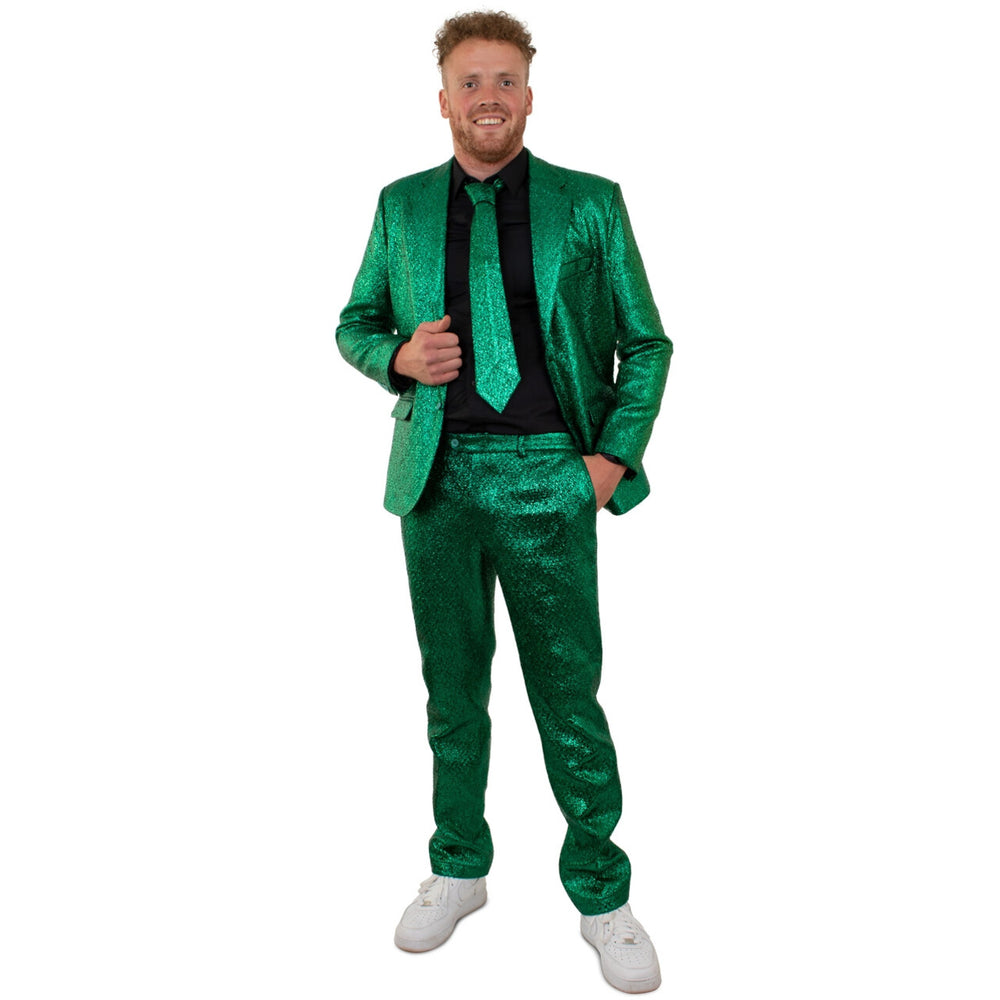 Op deze afbeelding zie je een Kostuums, van het merk PartyXplosion. Glamour Green Metallic 3delig Man Kostuum
