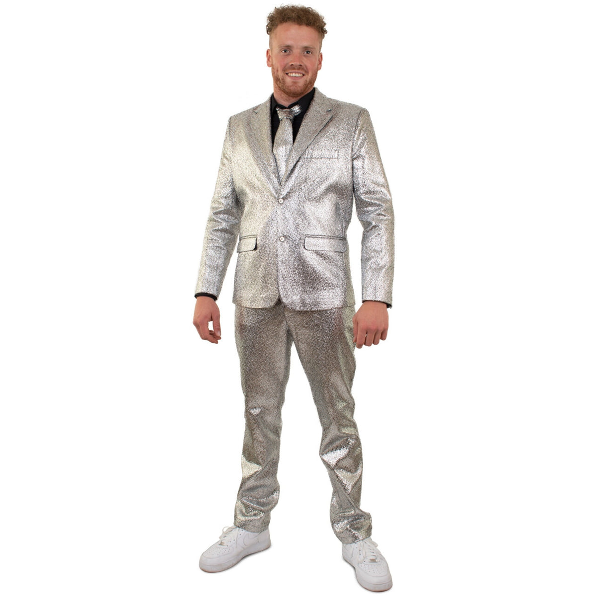 Op deze afbeelding zie je een Kostuums, van het merk PartyXplosion. Zilver Metallic Space Man 3-Delig Kostuum