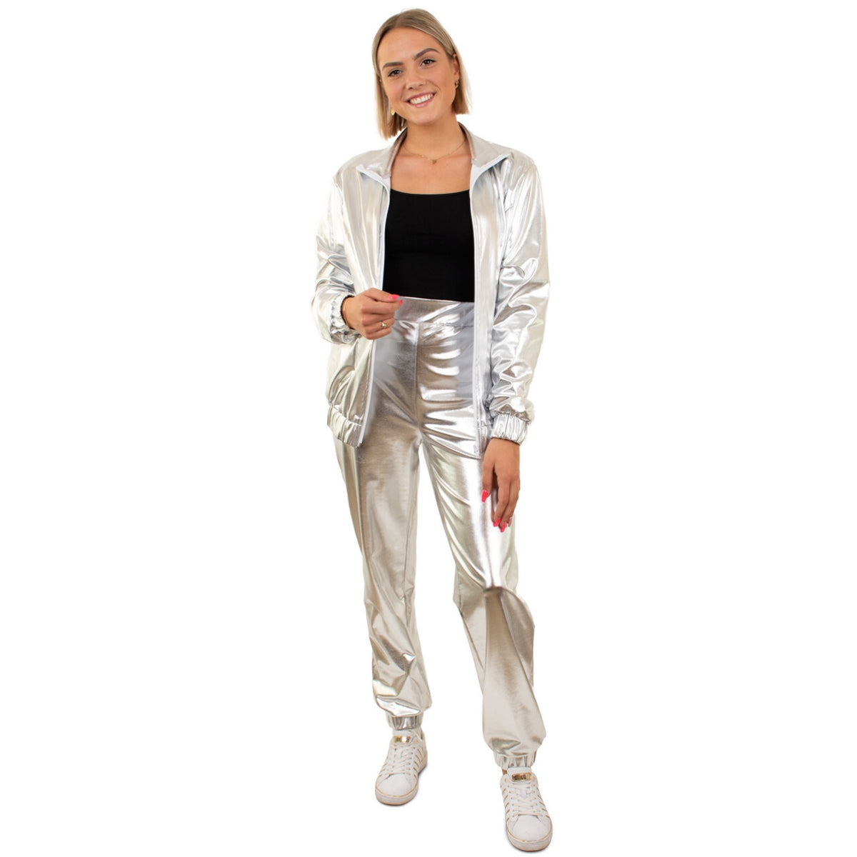 Op deze afbeelding zie je een Kostuums, van het merk PartyXplosion. Trainingspak Zilver Space Invasie Dames Vrouw Kostuum
