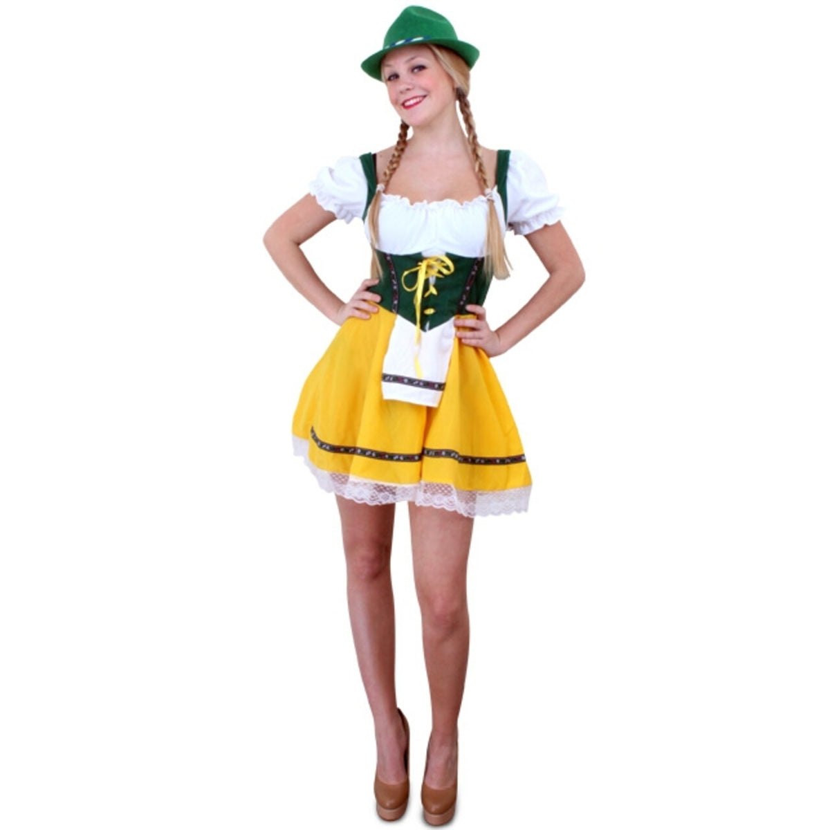 Op deze afbeelding zie je een Kostuums, van het merk PartyXplosion. Biergele Dirndl Silke Vrouw Kostuum