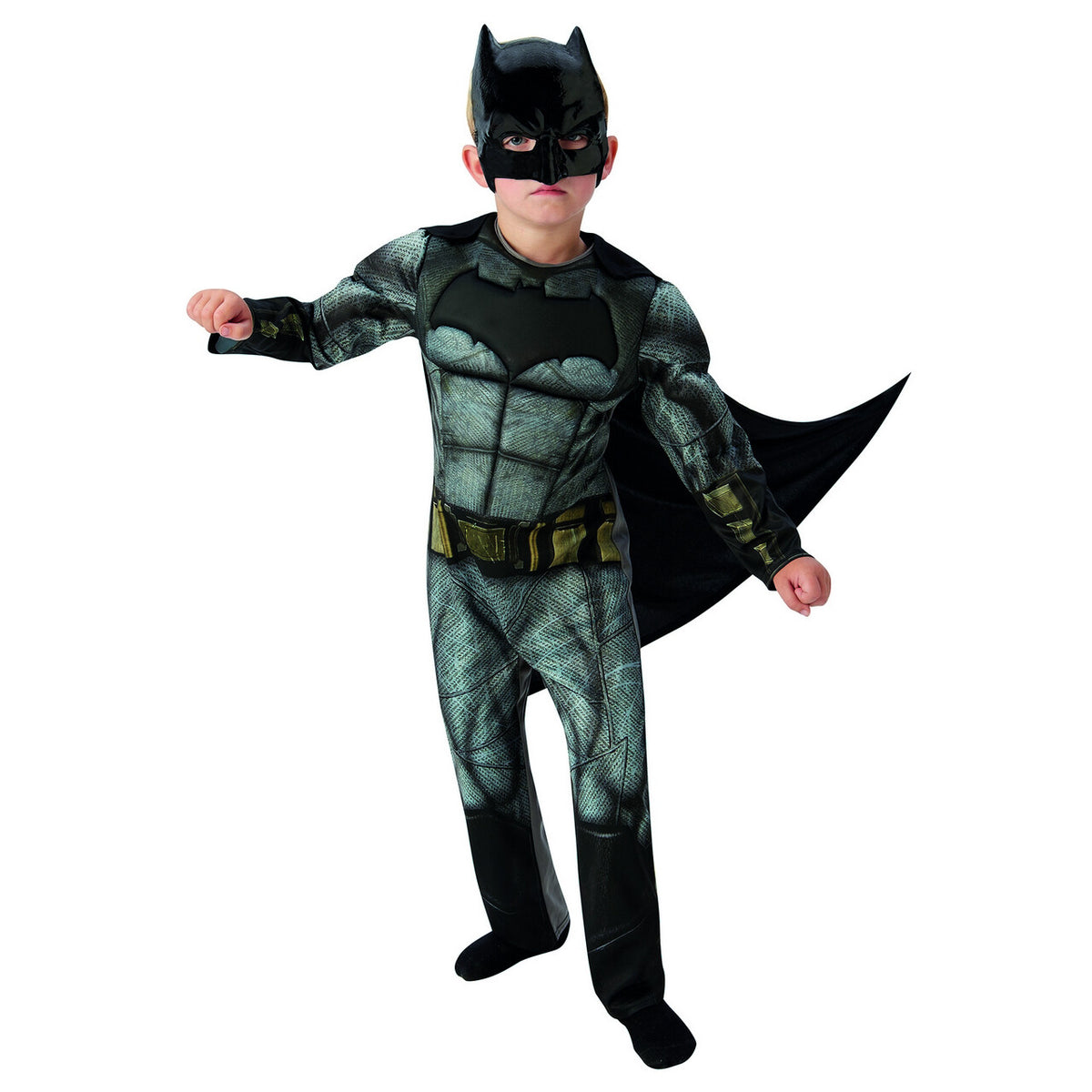 Op deze afbeelding zie je een Kostuums, van het merk Rubies. Megagespierde Batman Justice League Deluxe Kind Jongen Kostuum