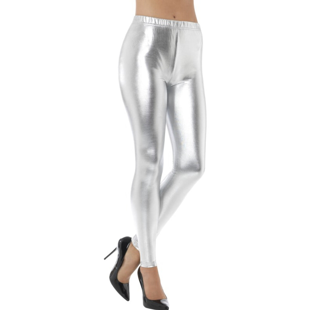 Op deze afbeelding zie je een Kostuums, van het merk Smiffy's. Zilveren Metallic Disco Legging Vrouw
