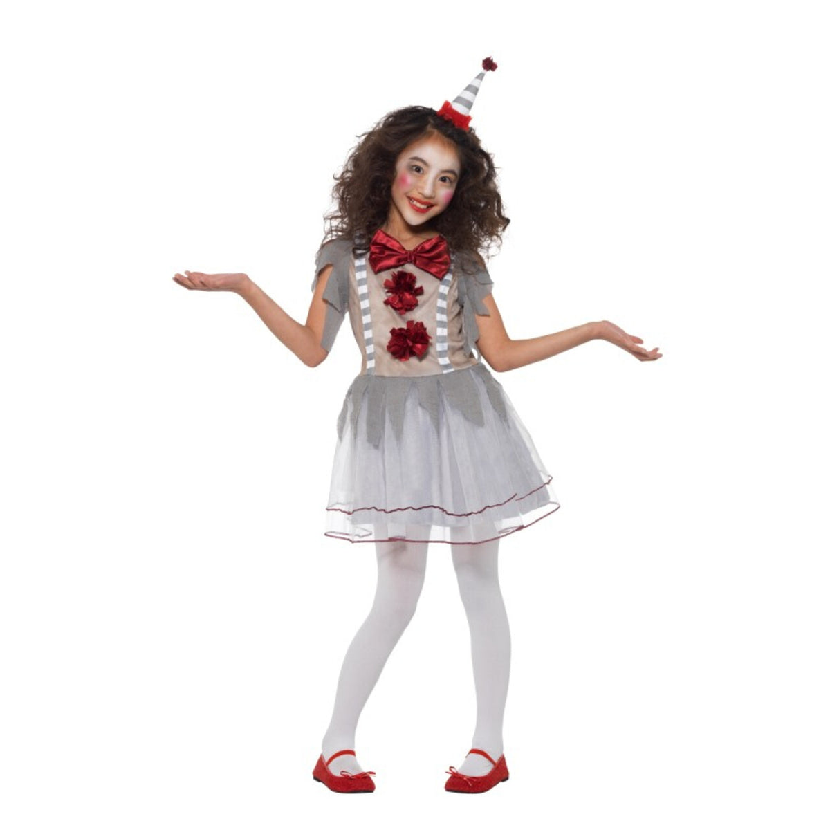 Op deze afbeelding zie je een Kostuums, van het merk Smiffy's. Grappige Grijze Grollen Clown Meisje Kostuum