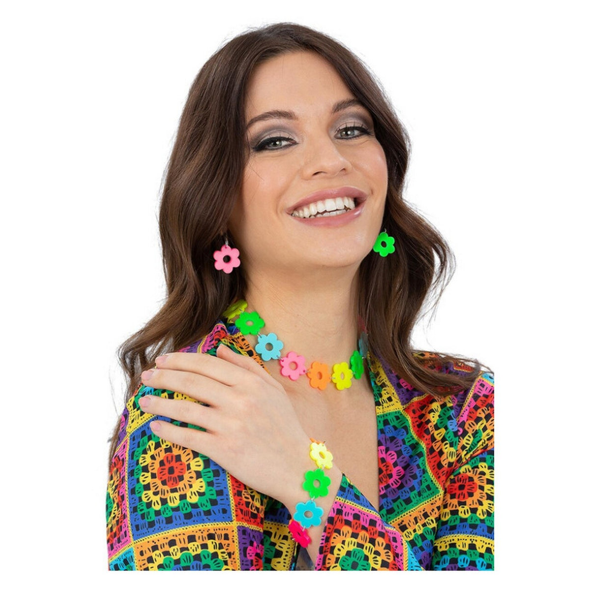 Op deze afbeelding zie je een Accessoires, van het merk Smiffy's. Neon Flower Power Accessoireset