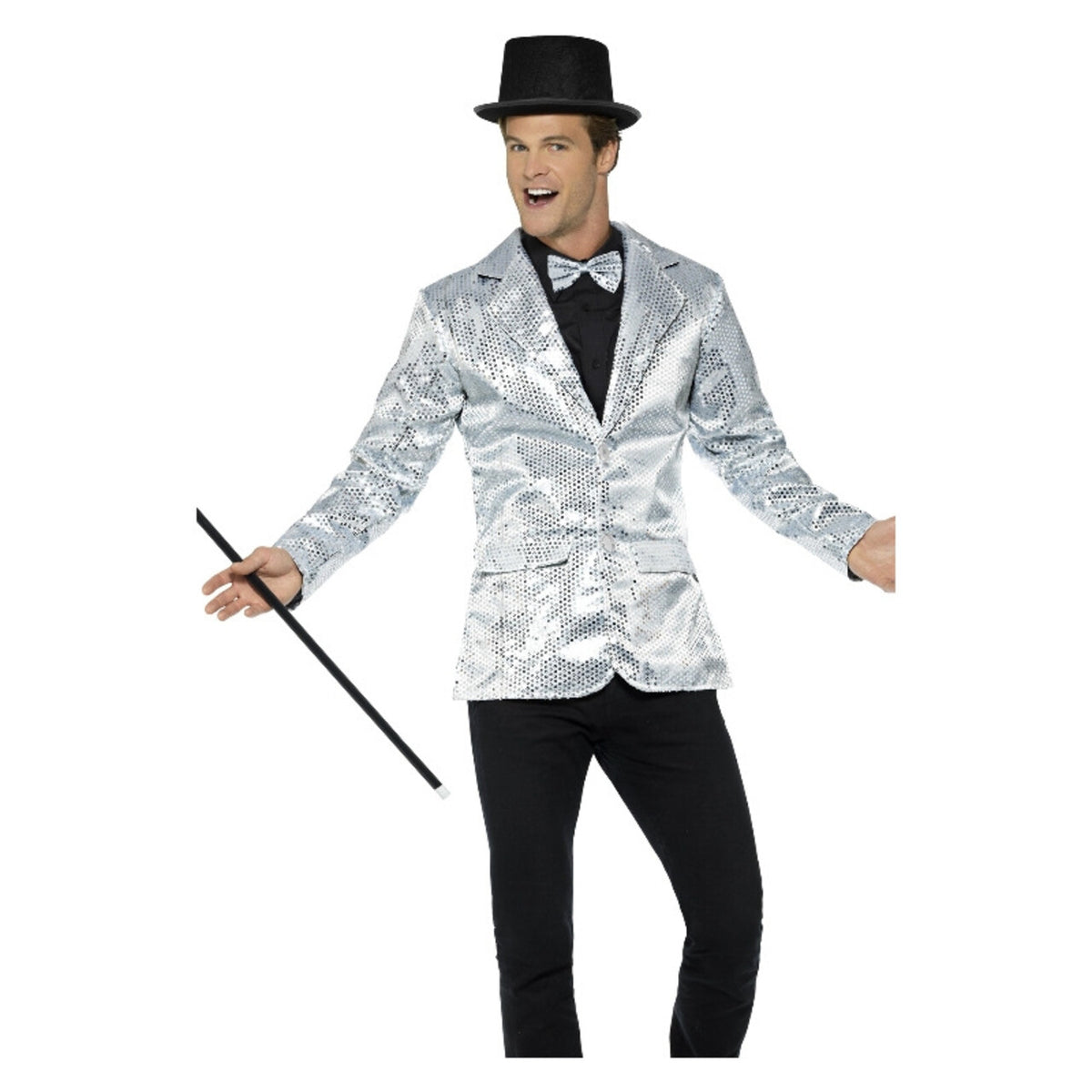 Op deze afbeelding zie je een Kostuums, van het merk Smiffy's. Zilveren Pailletten Showman Jas