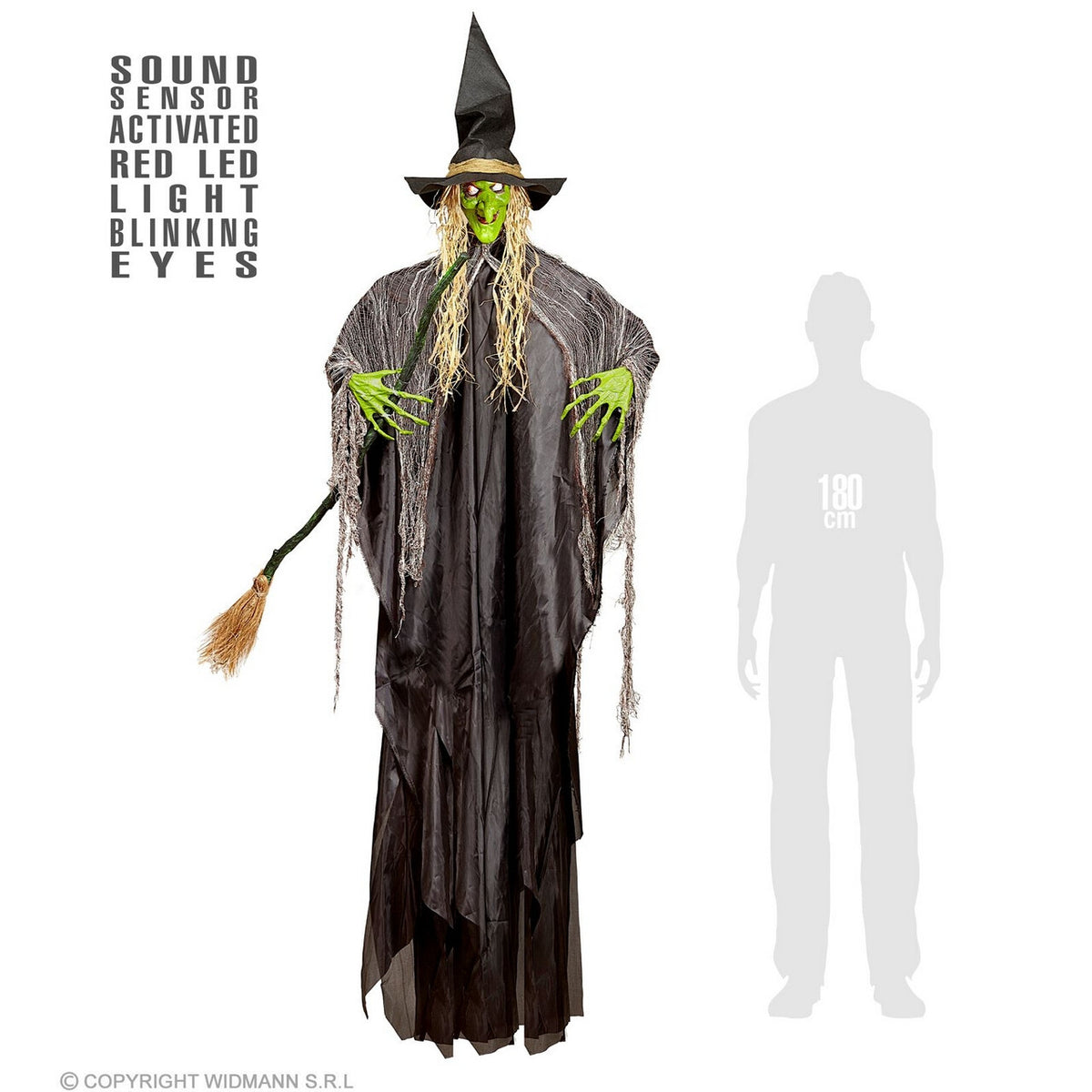 Op deze afbeelding zie je een Decoratie, van het merk Widmann. Green Witch Altijd Op Tijd, 240 Centimeter