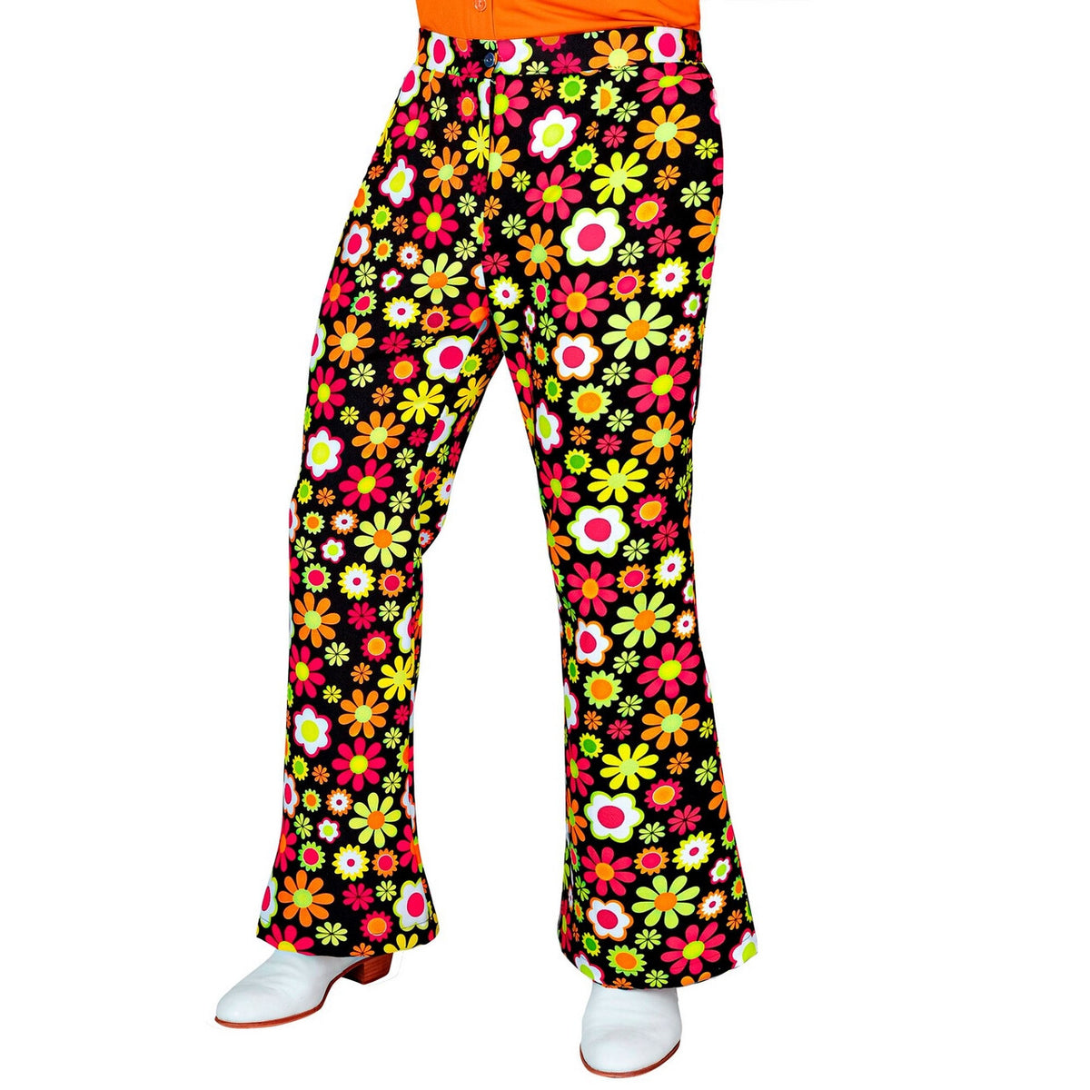 Op deze afbeelding zie je een Kostuums, van het merk Widmann. Super 60s Flower Dance Wijde Pijpen Broek Man