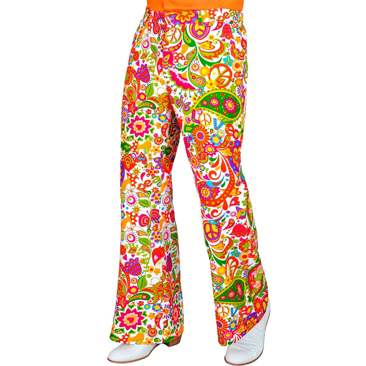 Op deze afbeelding zie je een Kostuums, van het merk Widmann. Super 60s Peace And Flower Wijde Pijpen Broek Man