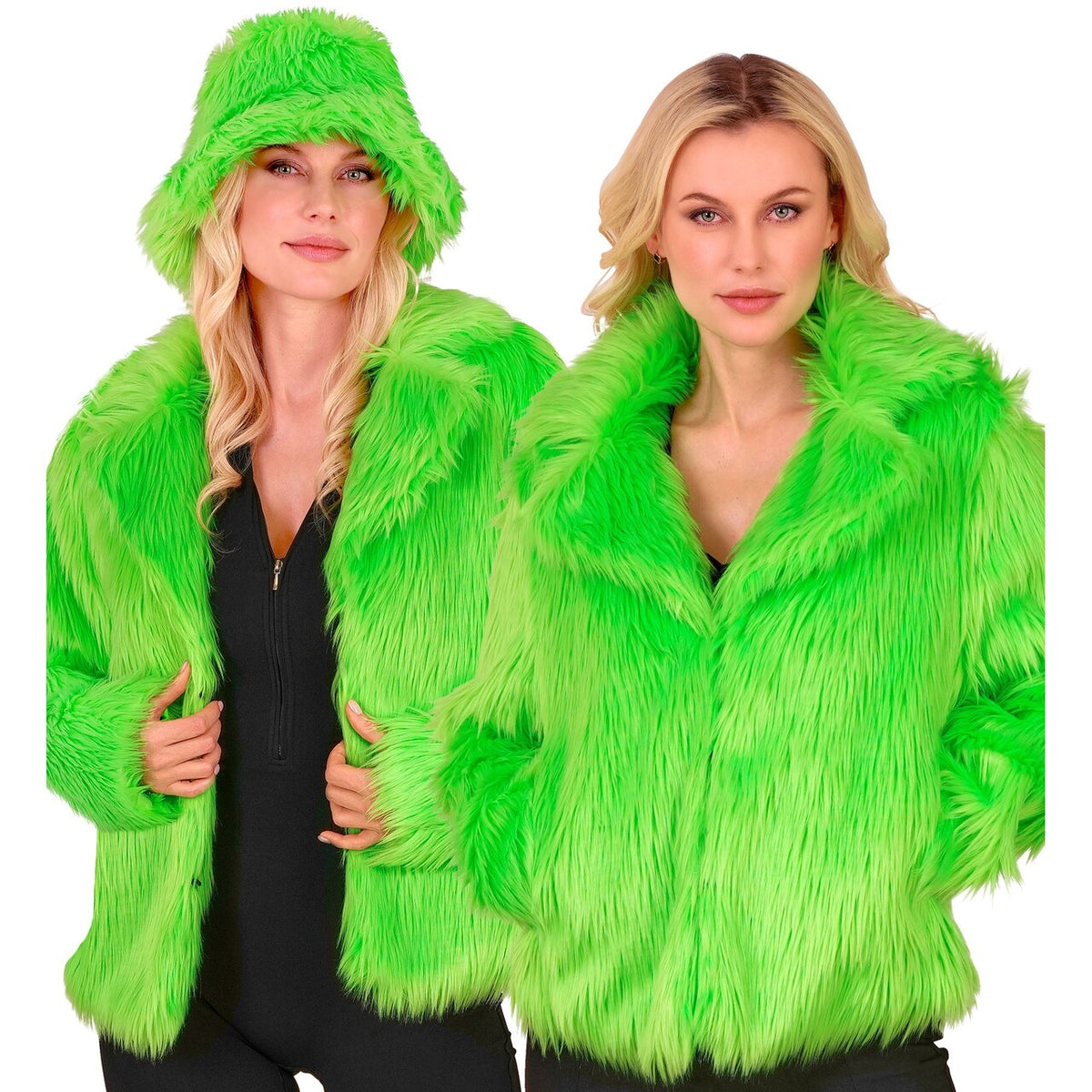 Op deze afbeelding zie je een Kostuums, van het merk Widmann. Neon Groene Bontjas Kikkergroen Vrouw