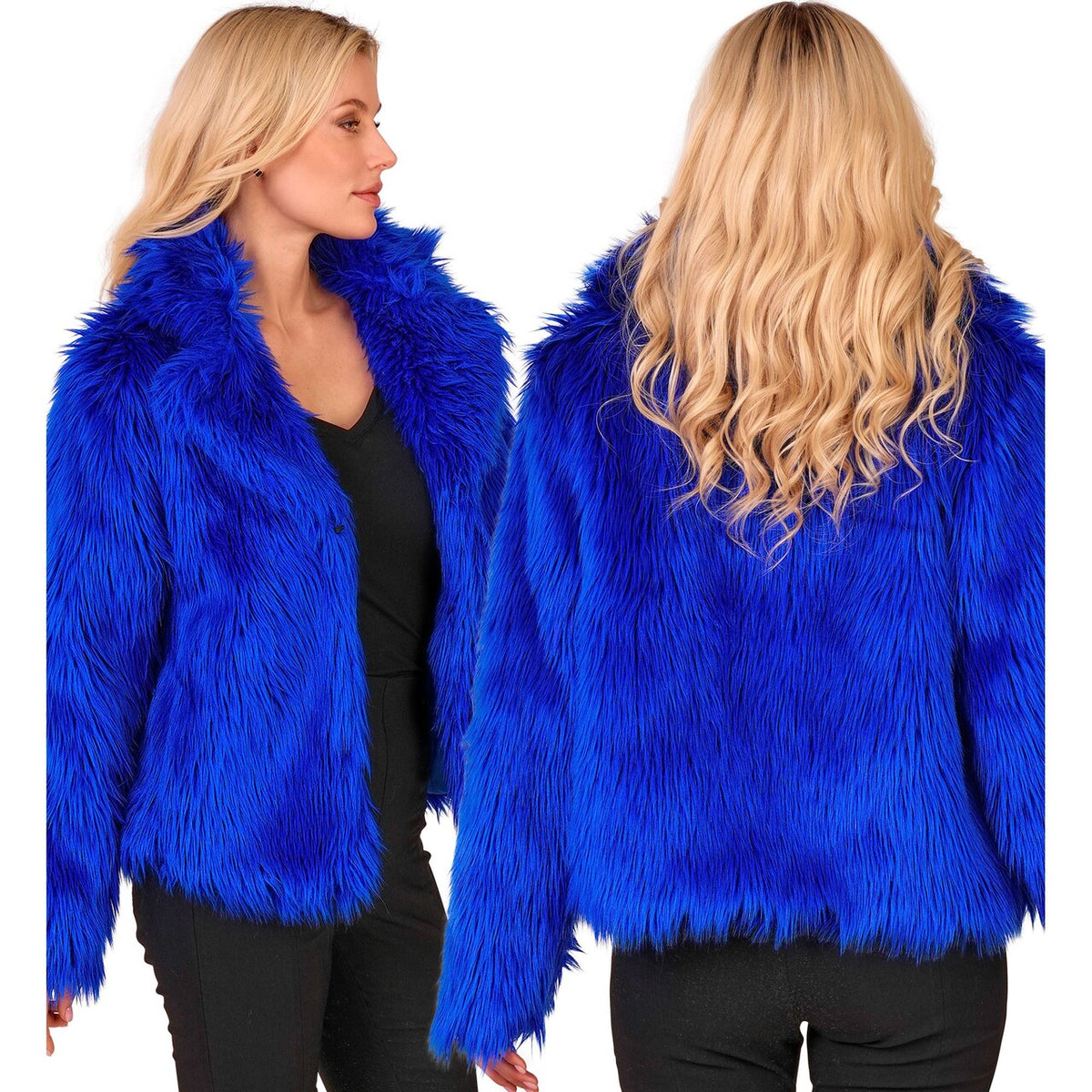 Op deze afbeelding zie je een Kostuums, van het merk Widmann. Kobalt Blauwe Bontjas Vrouw