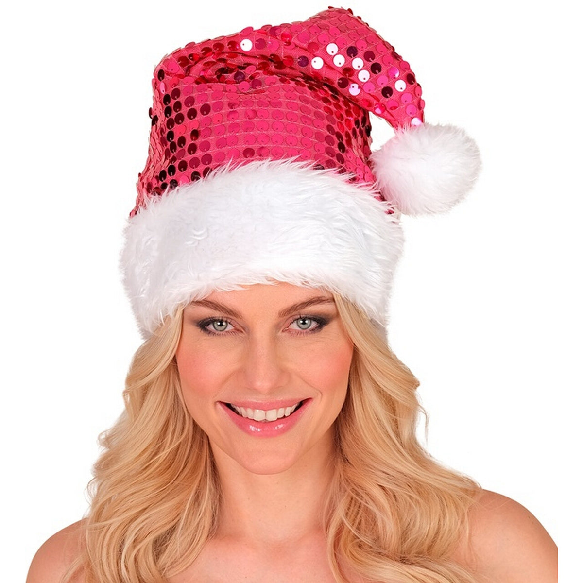 Op deze afbeelding zie je een Accessoires, van het merk Widmann. Glitter Bling Kerst Muts Met Pailletten Roze