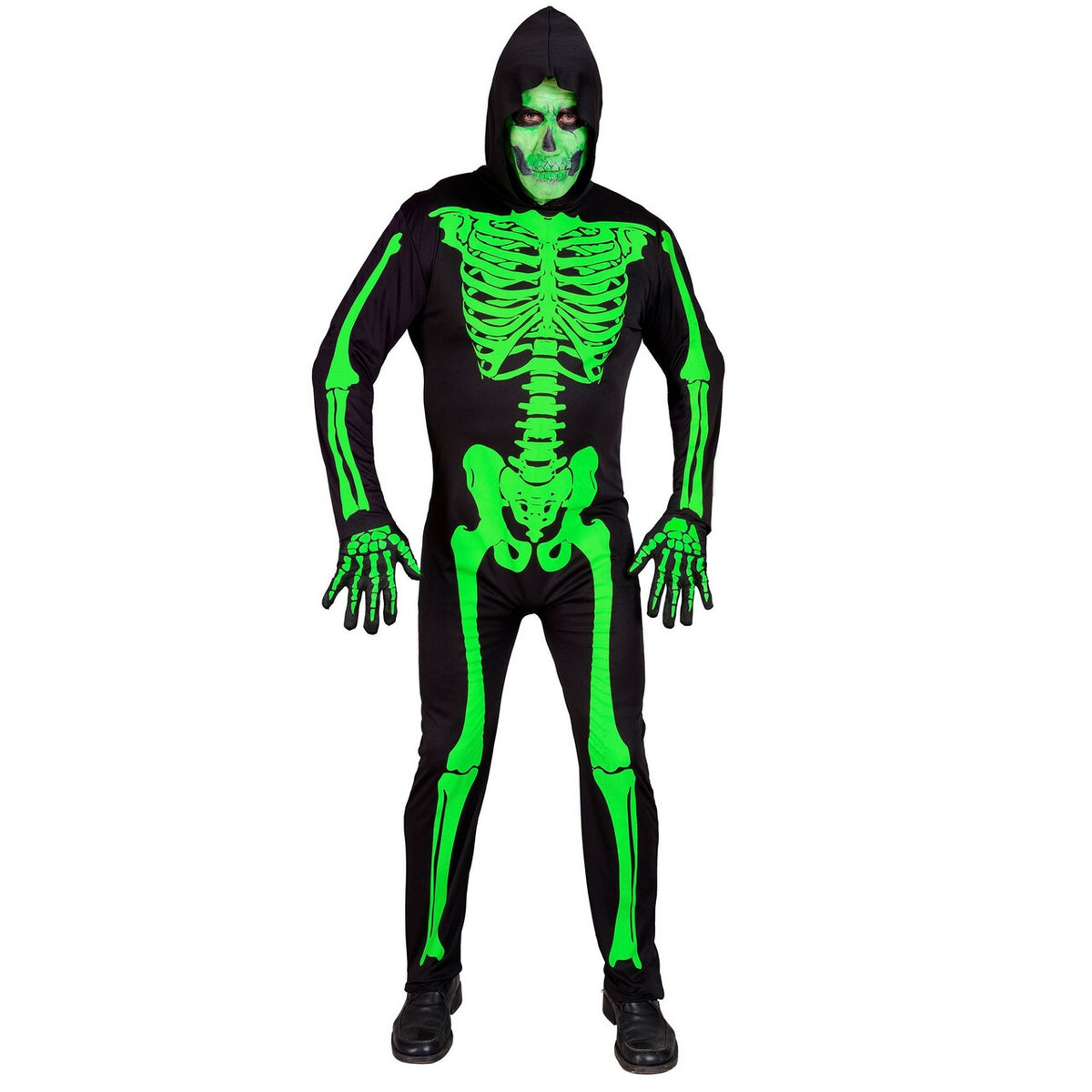 Op deze afbeelding zie je een Kostuums, van het merk Widmann. Gif Groene Halloween Skeletman Kostuum